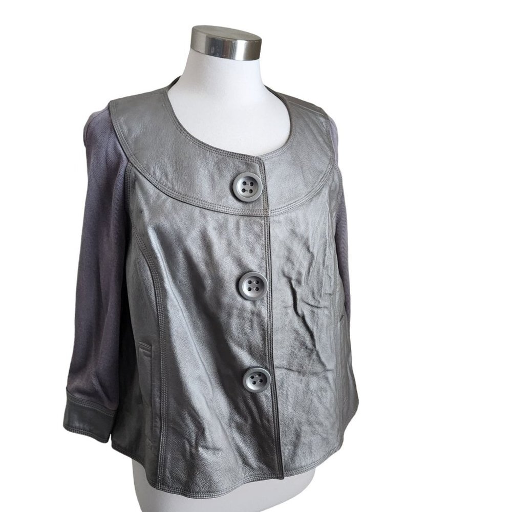 Nygard Jacket Pewter Leather‎ Front Trim Collarless Knit Back 3/4 Sleeves Size L